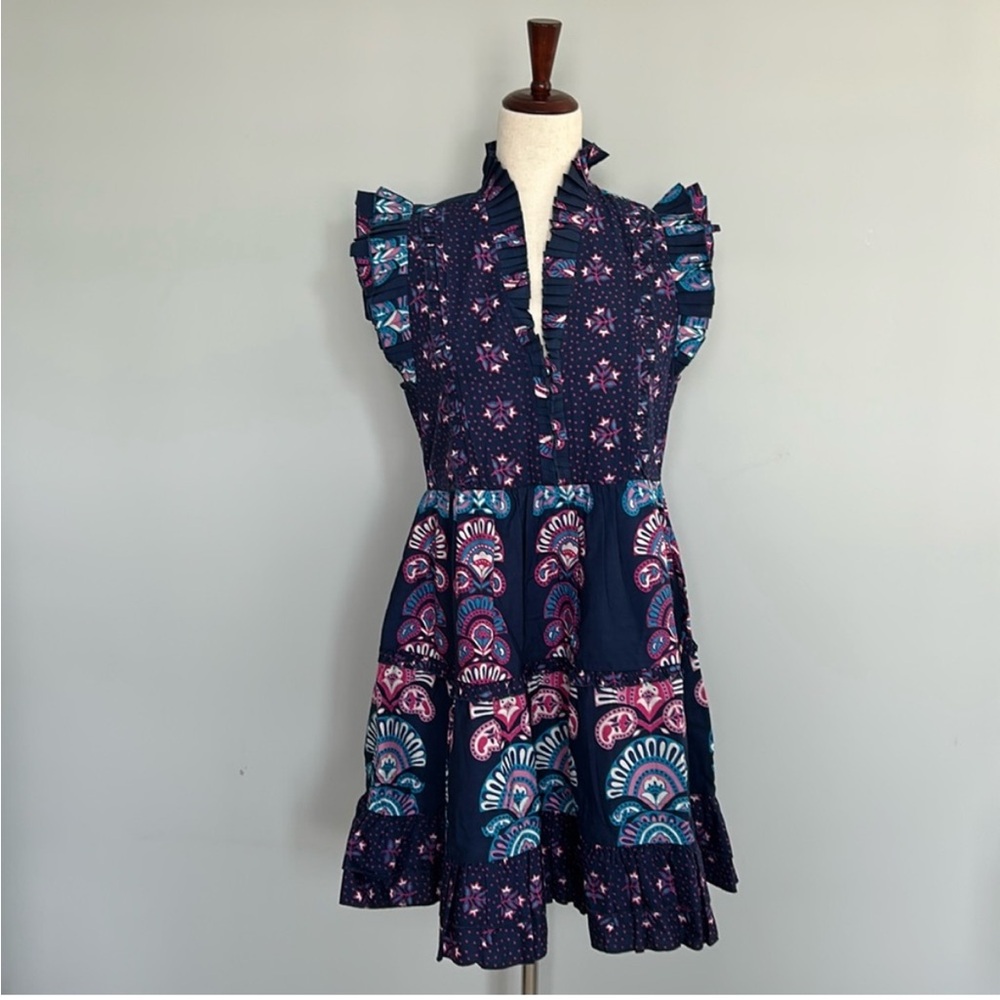 Caroline Constas Tiered Navy Half Moon Print Dress Size x- small NWOT